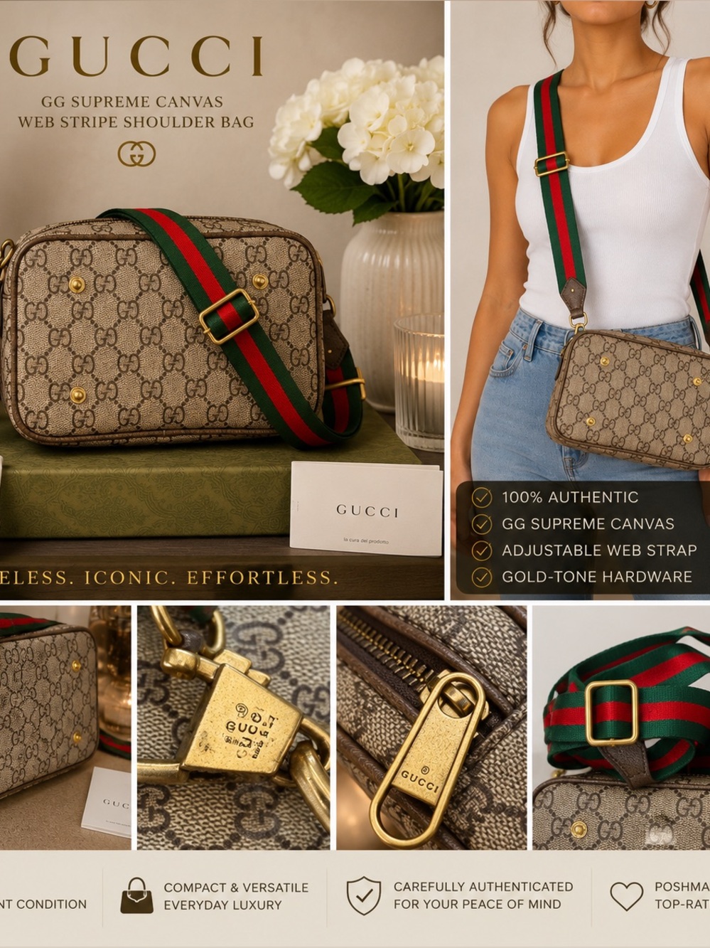 Gucci Mini Beige GG Supreme Canvas Crossbody Bag Web  Strap Brown Beige Vintage
